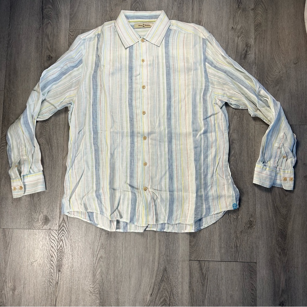 Tommy Bahama Shirt Mens‎ Large Blue White Linen Cotton Striped Button Front